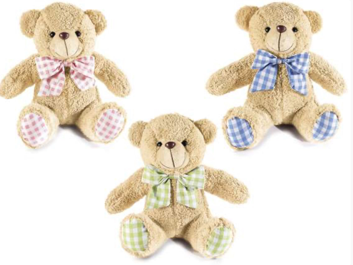 ORSETTO IN PELUCHE CON FIOCCO E ZAMPE A QUADRETTI