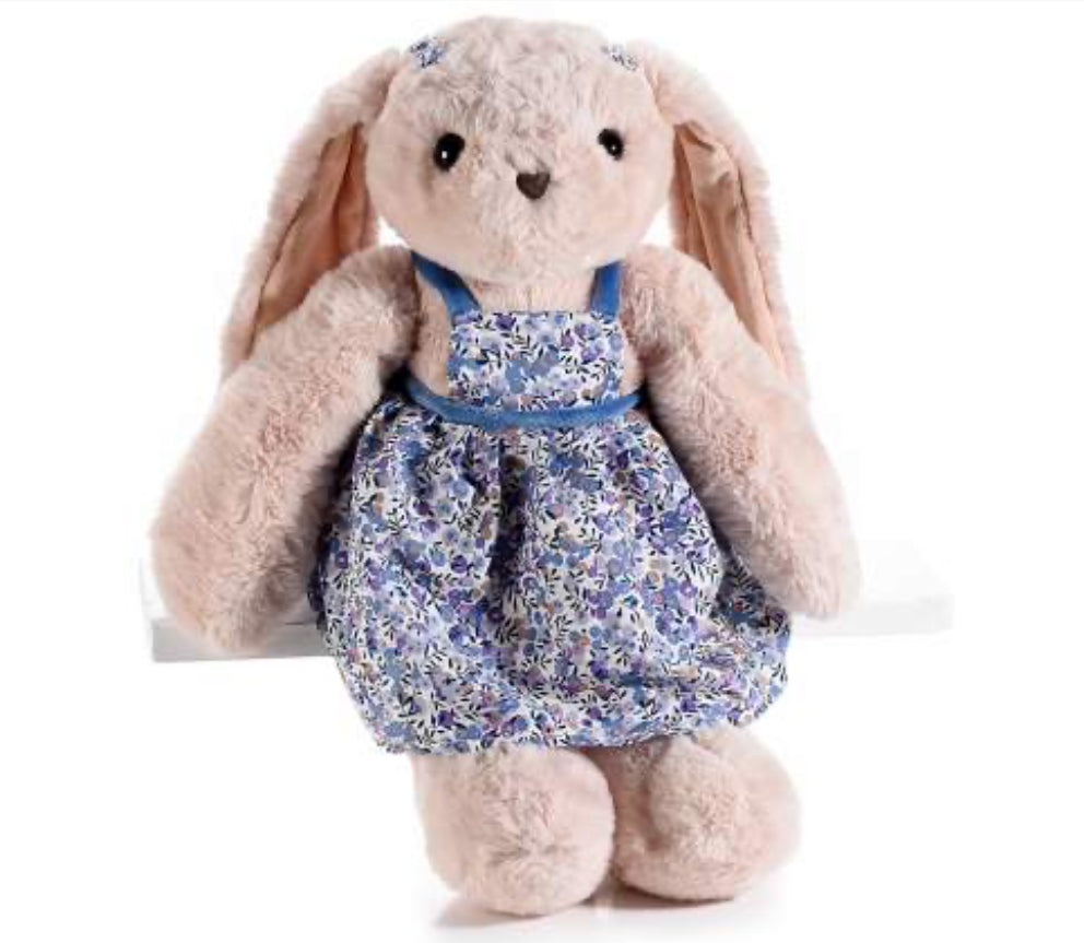 CONIGLIETTA IN PELUCHE C/VESTITO COLORATO E ORECCHIE LUNGHE